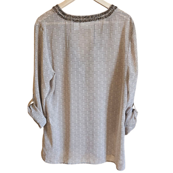 Chico's Women's Tunic Blouse VNeck Beaded Rolled Sleeves Brown Size 2 (Large) - Picture 9 of 10